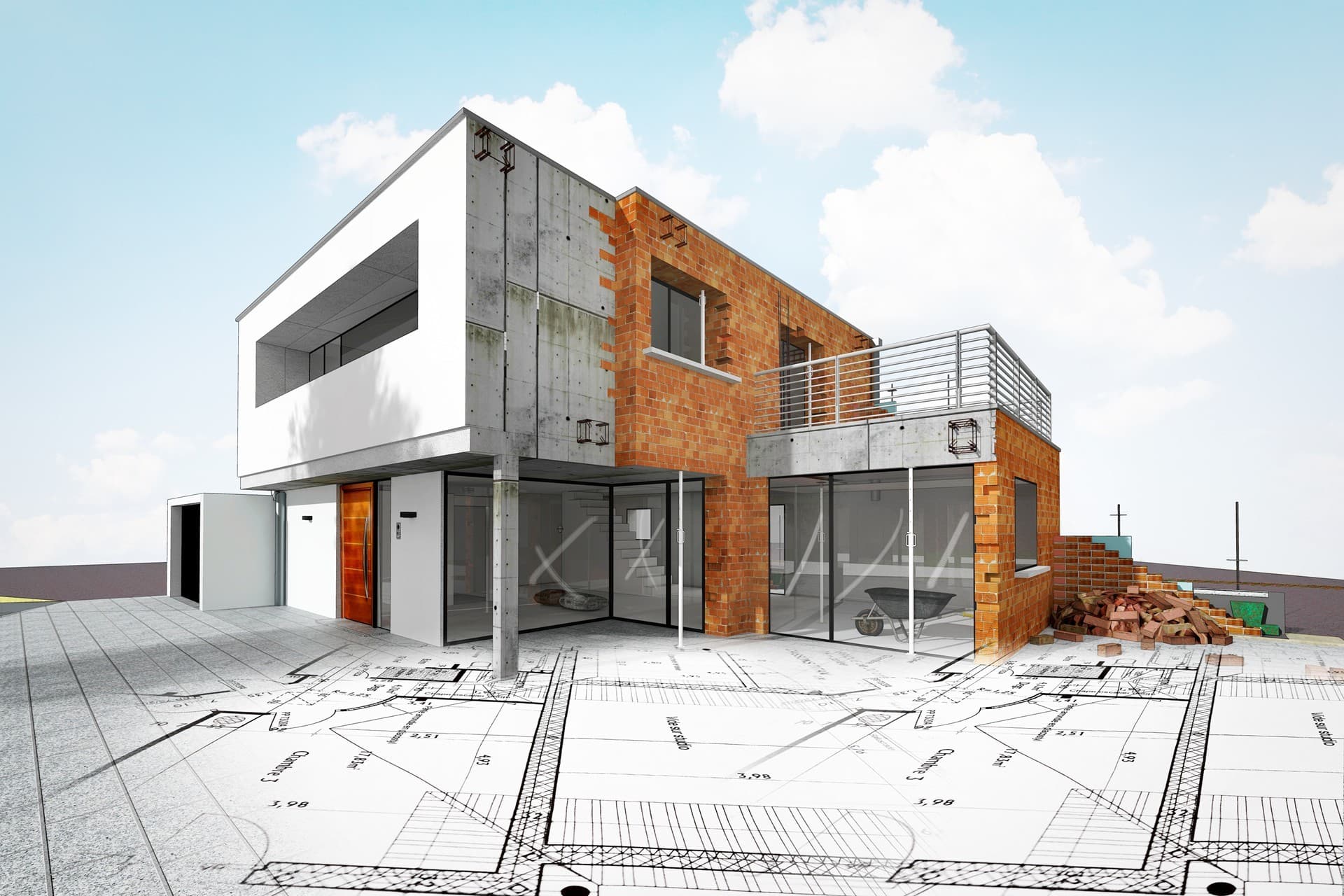 Maqueta arquitectónica de una casa moderna con estructura de hormigón, ladrillo y planos en el suelo.